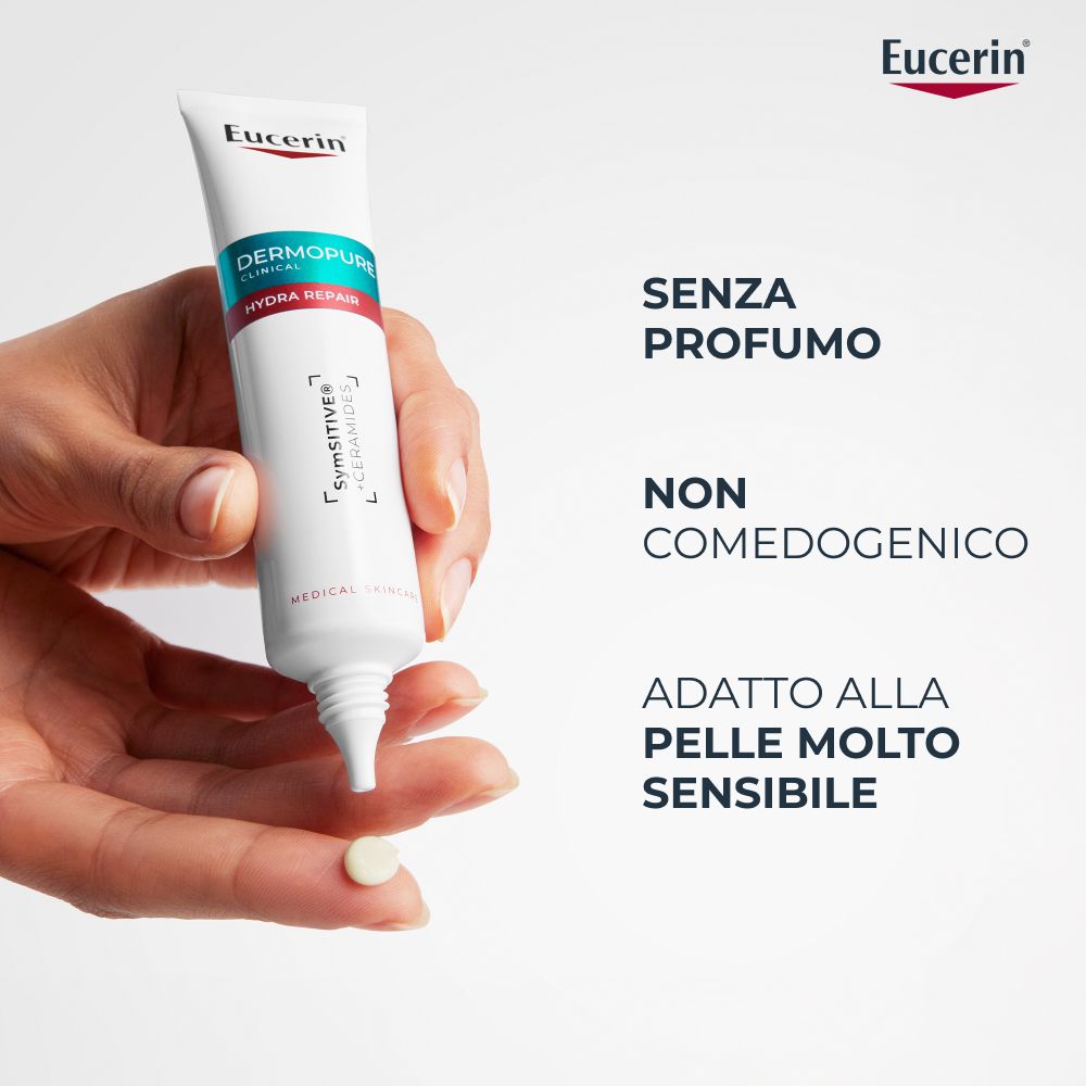 Tubo e crema. Eucerin Dermopure Hydra Repair. Senza profumo, non comedogenico. Per pelli molto sensibili. Logo Eucerin.