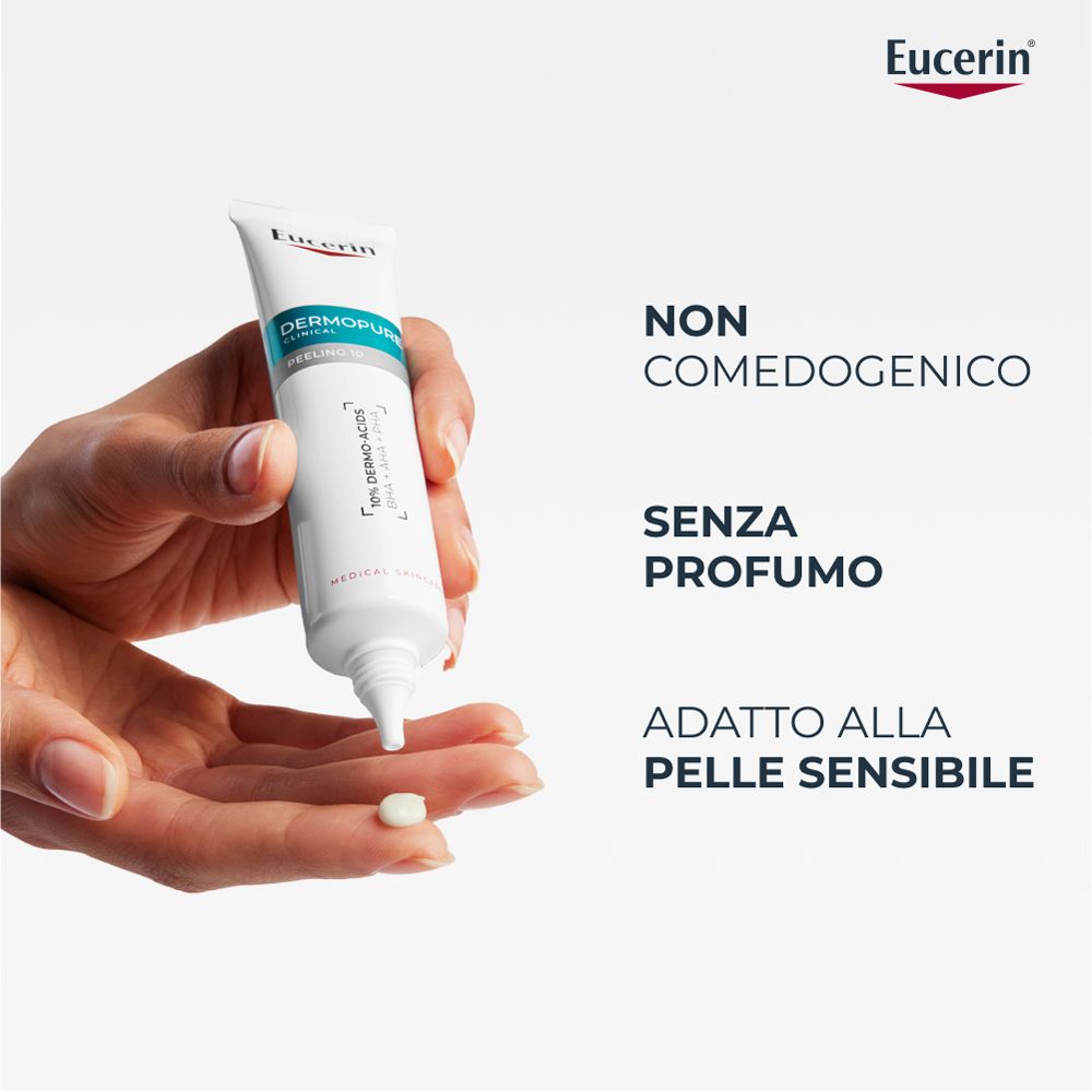 Mano con prodotto. Testo: Non comedogenico. Senza profumo. Adatto alla pelle sensibile. Eucerin Dermopure.