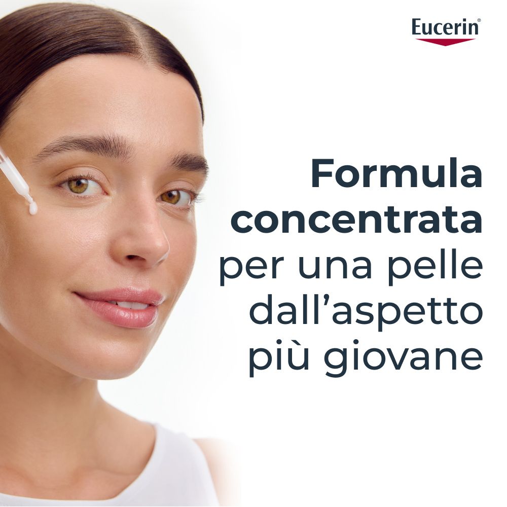 Viso di donna. Testo: « Formula concentrata per una pelle dall'aspetto più giovane ». Logo Eucerin.