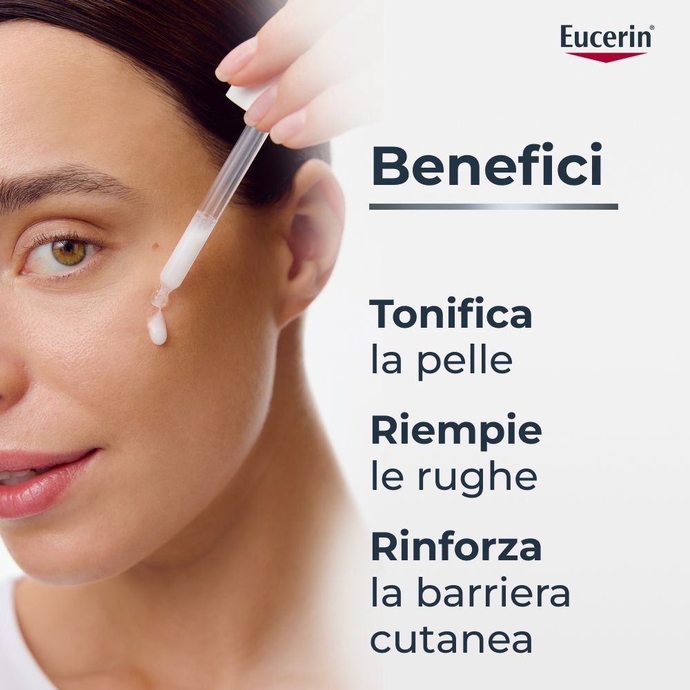 Viso di donna. Testo: Benefici: Tonifica la pelle, riempie le rughe, rinforza la barriera cutanea. Logo Eucerin.