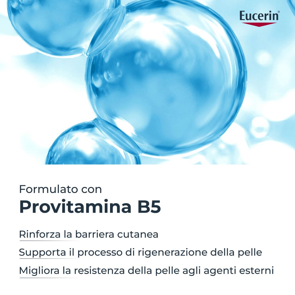 Bolle di liquido blu. Testo: Provitamina B5. Rinforza la barriera cutanea, supporta la rigenerazione della pelle.
