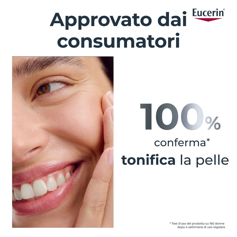 Viso di donna. Testo: 100% conferma tonifica la pelle. Logo Eucerin.