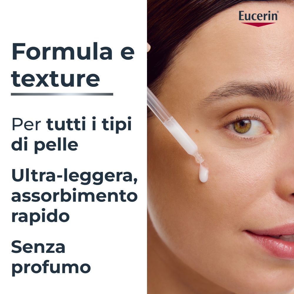 Viso di donna. Testo: Formula e texture. Per tutti i tipi di pelle. Ultra-leggera, assorbimento rapido. Senza profumo.