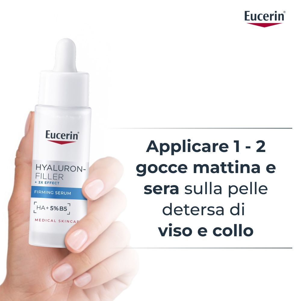 Mano che tiene il flacone di siero. Testo: Applicare 1-2 gocce mattina e sera sulla pelle detersa di viso e collo.