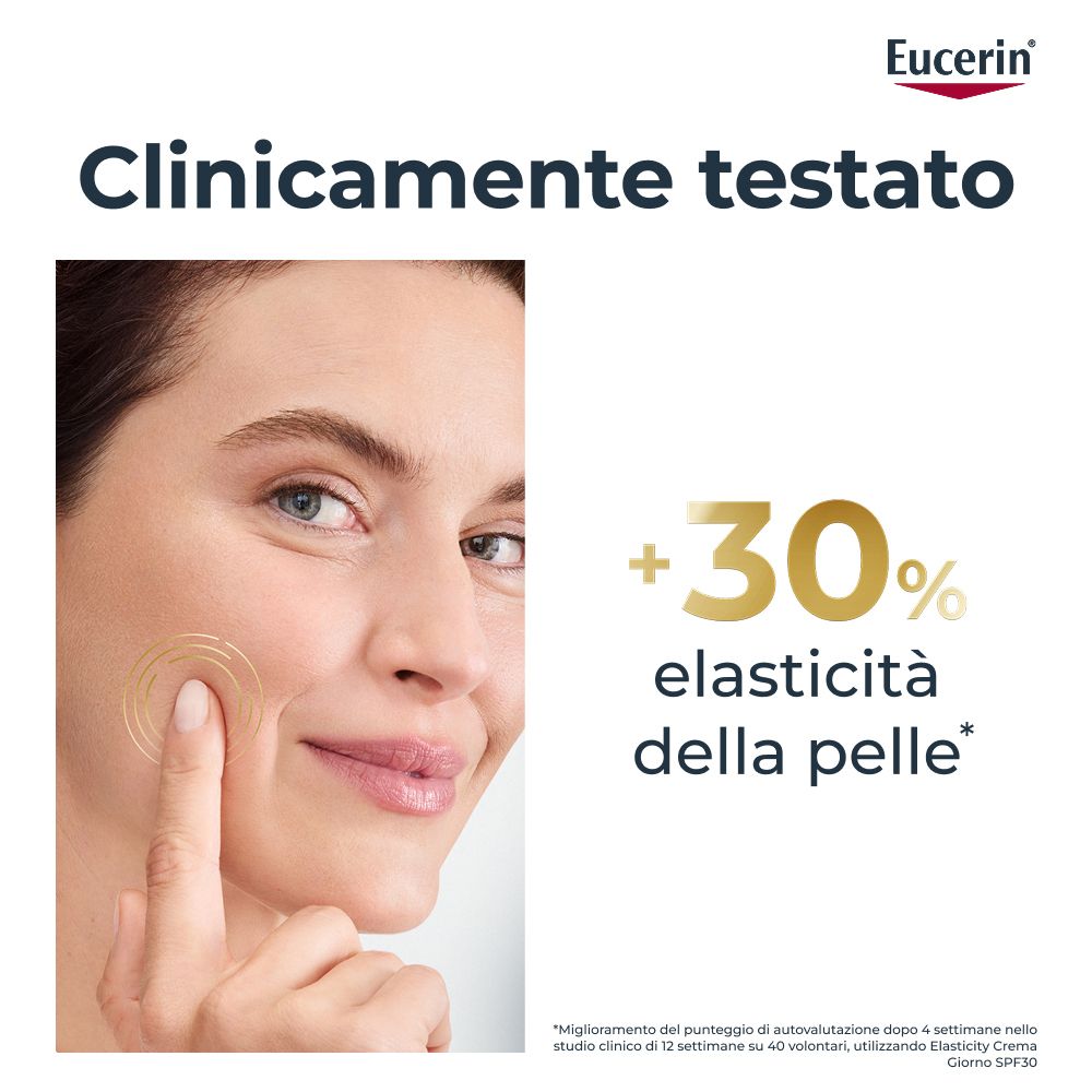Donna tocca il viso. Testo: Clinicamente testato. +30% elasticità della pelle. Logo Eucerin.
