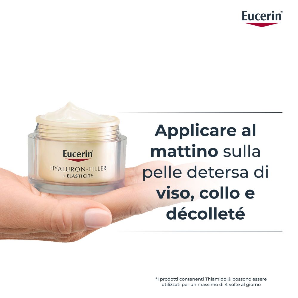 Mano tiene crema. Testo: Applicare al mattino sulla pelle detersa di viso, collo e décolleté. Logo Eucerin.