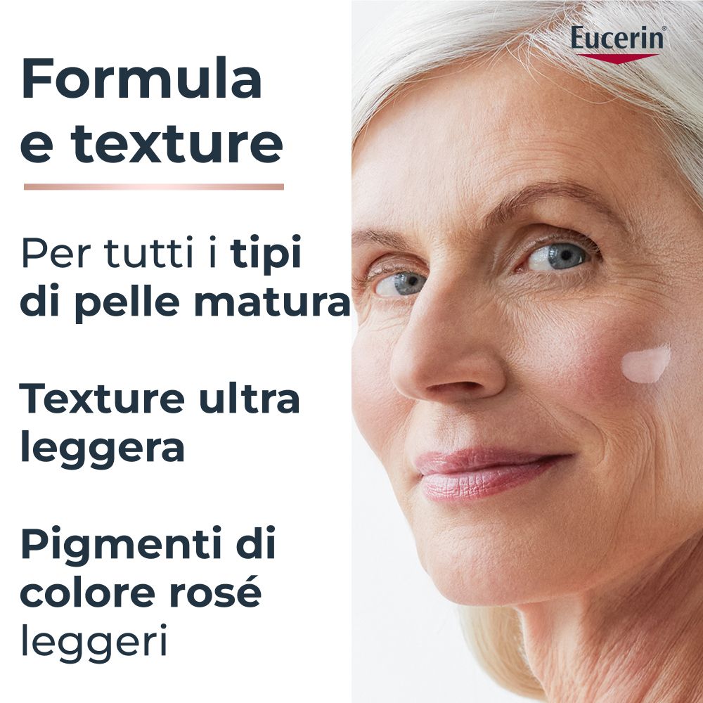Donna con volto. Testo: Formula e texture. Per tutti i tipi di pelle matura. Pigmenti rosa leggeri.