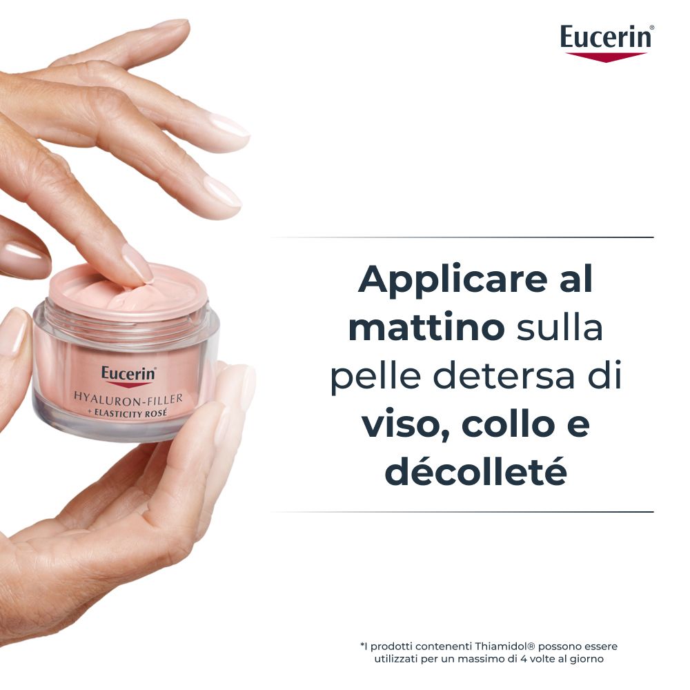 Mano che tiene il vasetto. Testo: Applicare al mattino su viso, collo e décolleté.