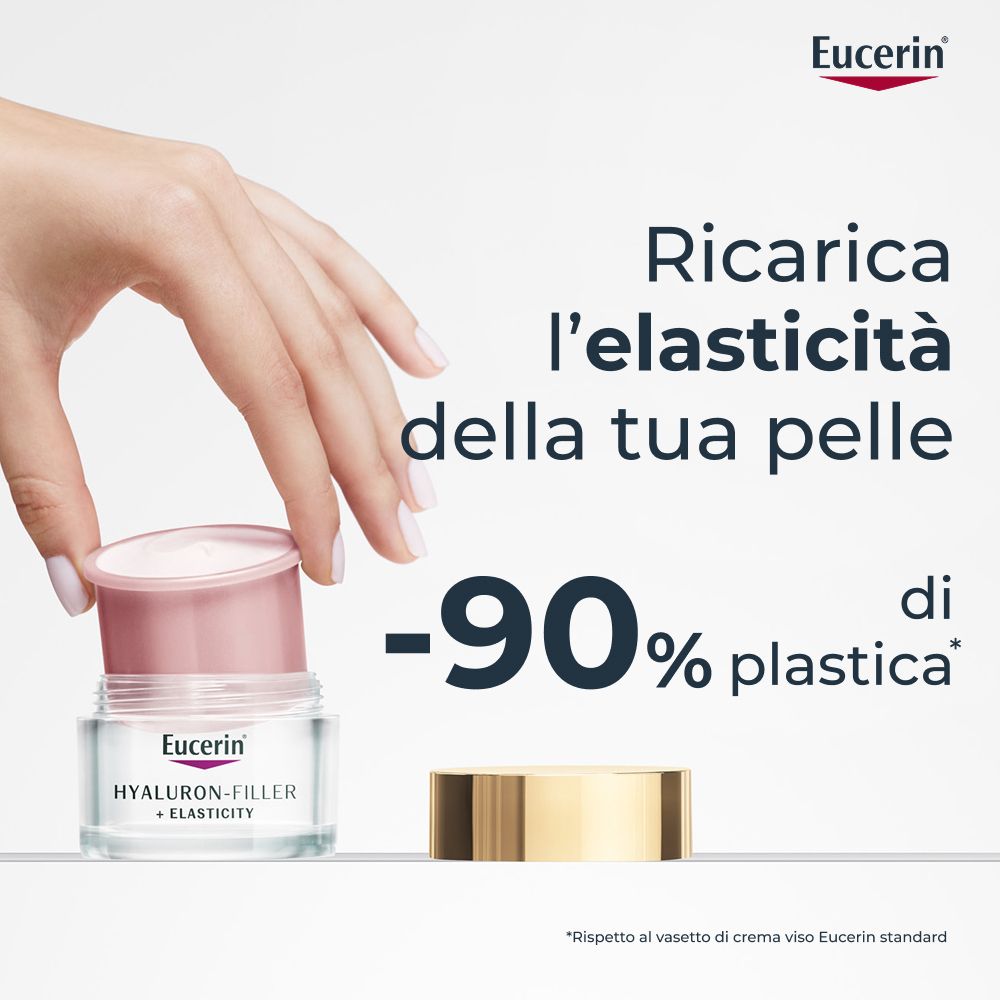 Mano che tiene il vasetto. Testo: Ricarica l'elasticità della tua pelle. -90% di plastica.