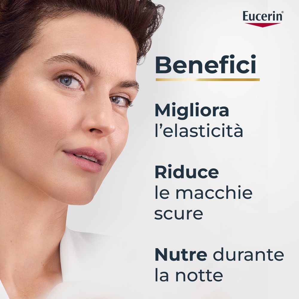 Donna con viso. Testo: Benefici: Migliora l'elasticità, riduce le macchie scure, nutre durante la notte. Logo Eucerin.