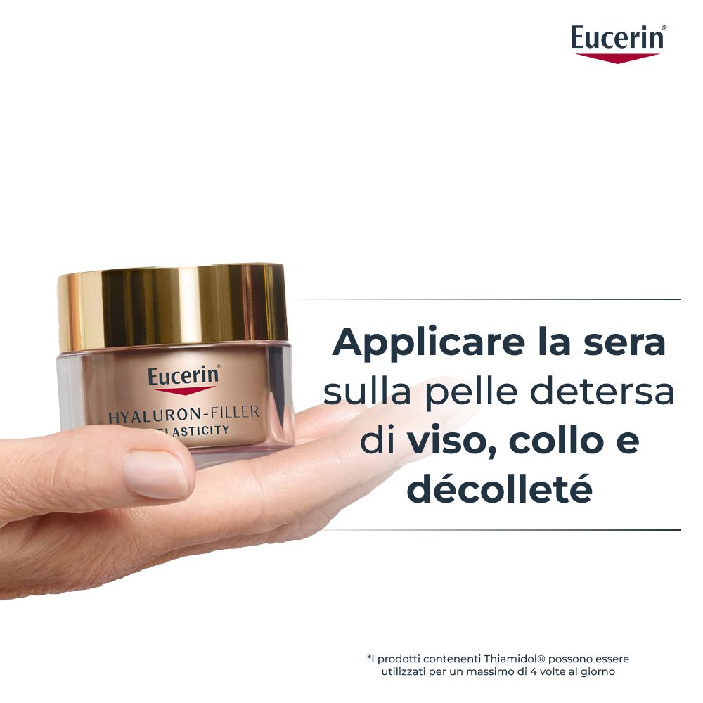 Mano che tiene un vasetto di crema. Testo: Applicare la sera sulla pelle detersa di viso, collo e décolleté. Logo Eucerin.