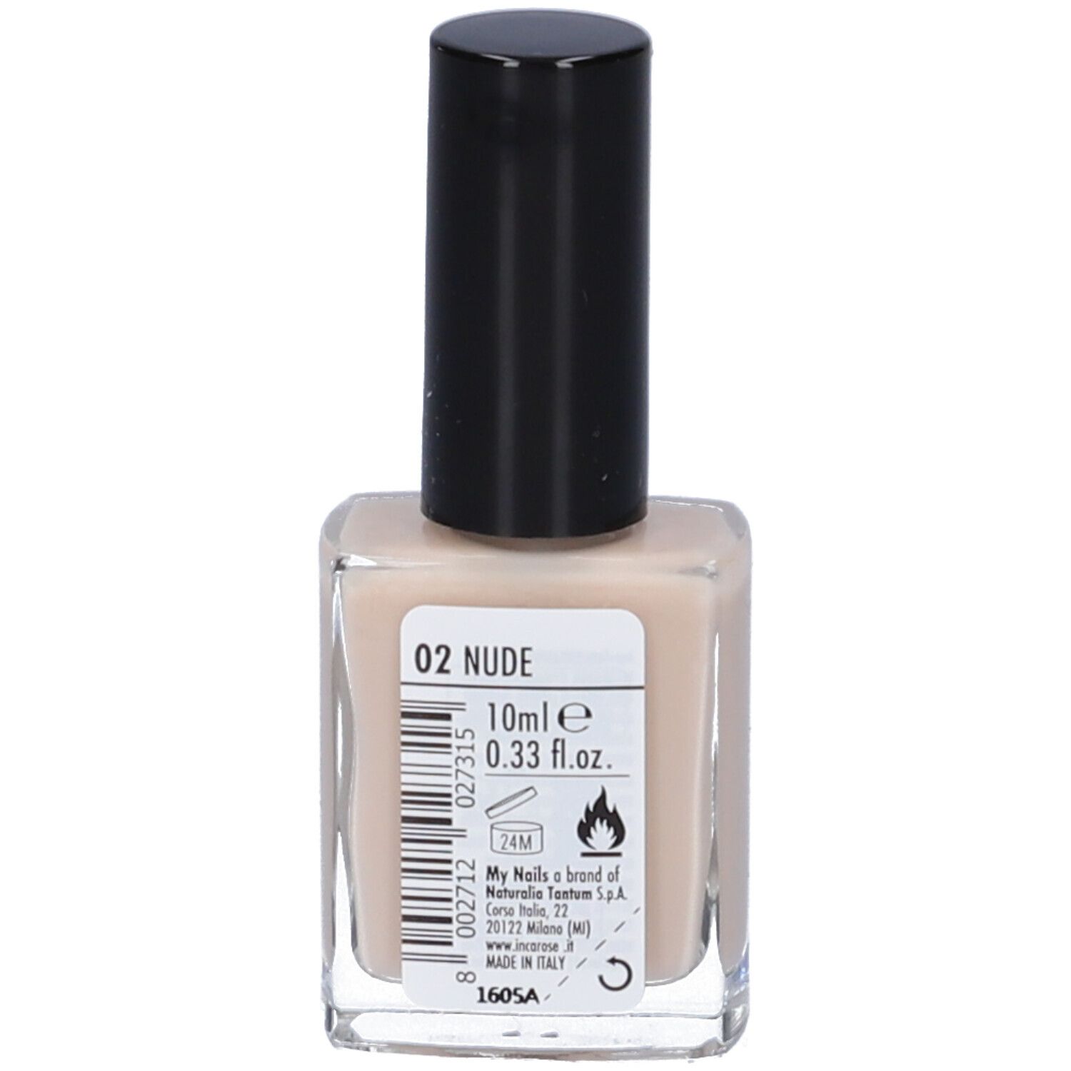 Smalti per unghie 02 Nude in flacone di vetro trasparente con tappo nero. 10ml.