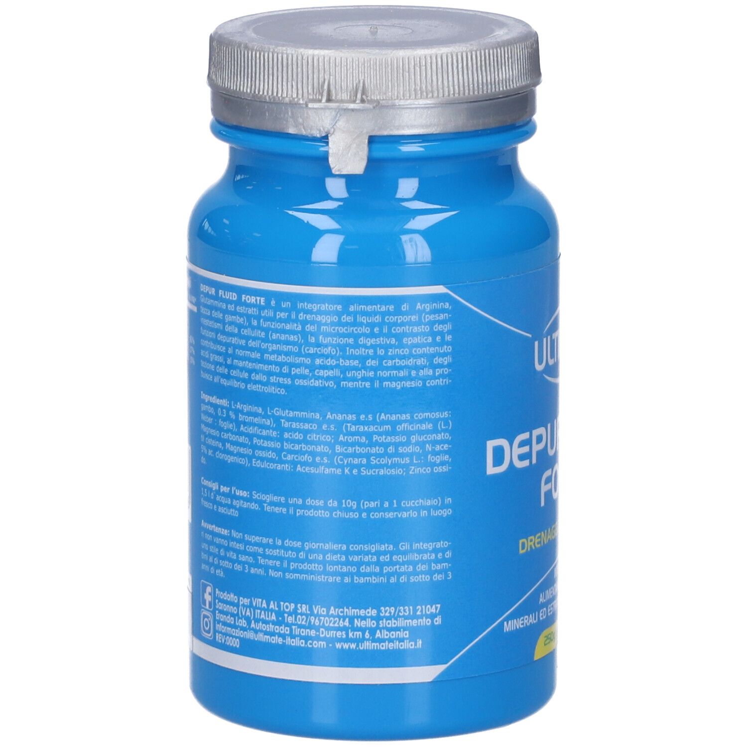 Barattolo blu, retro con testo. Contiene ingredienti e informazioni nutrizionali. Coperchio argentato.