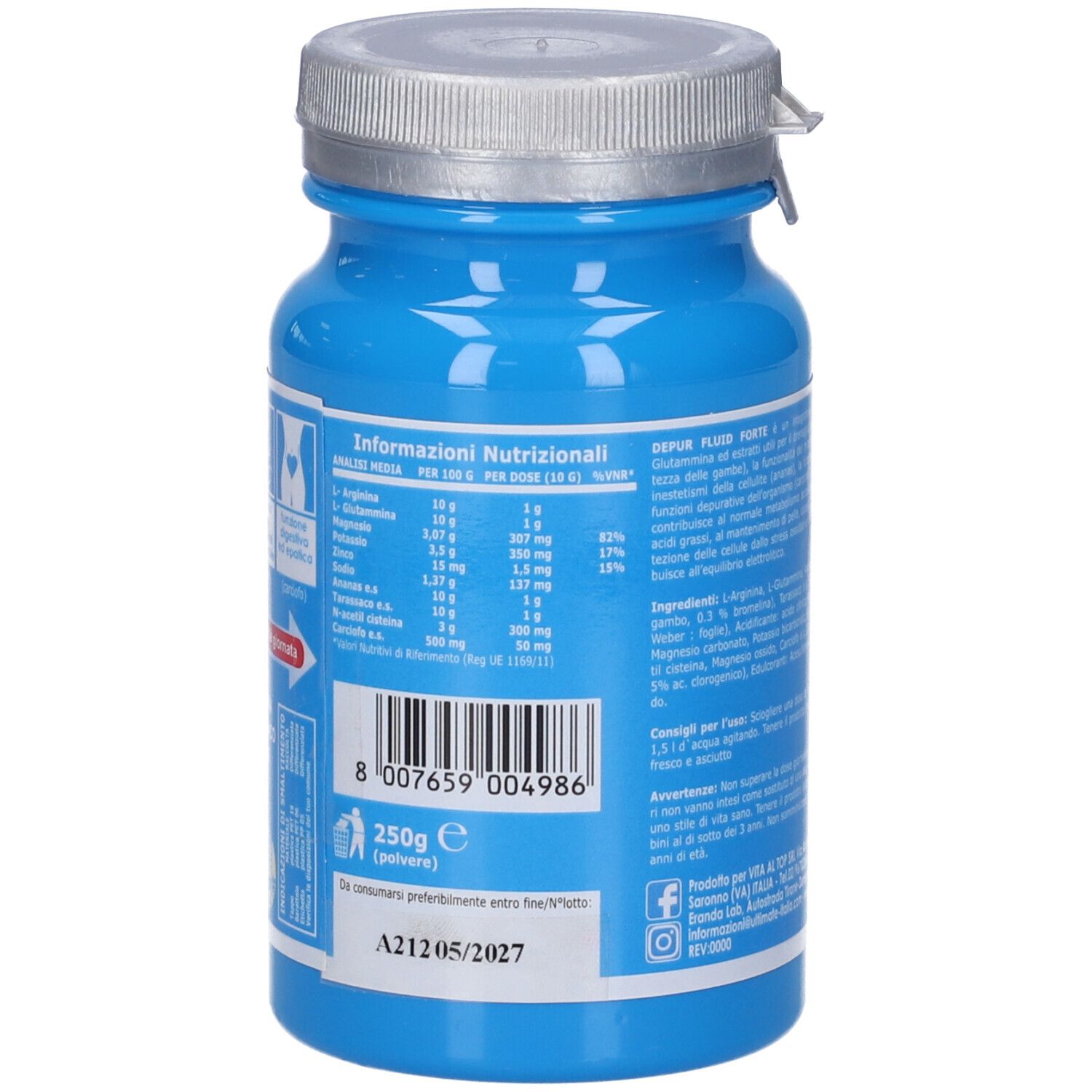 Barattolo blu, retro con informazioni nutrizionali. Coperchio argentato. Codice a barre e data di scadenza.