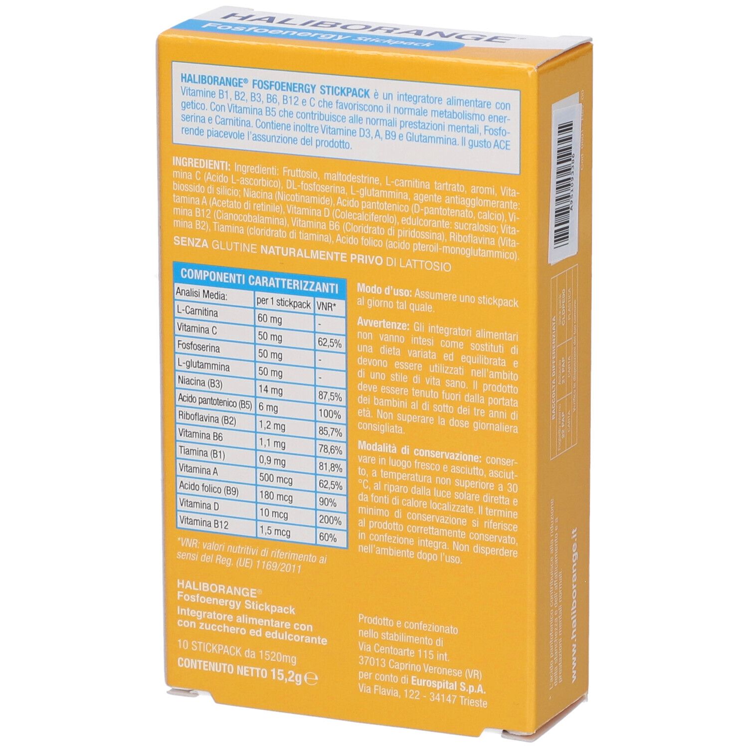 Retro della scatola gialla. Ingredienti e informazioni nutrizionali. Scritta: HALIBORANGE FOSFOENERGY STICKPACK.