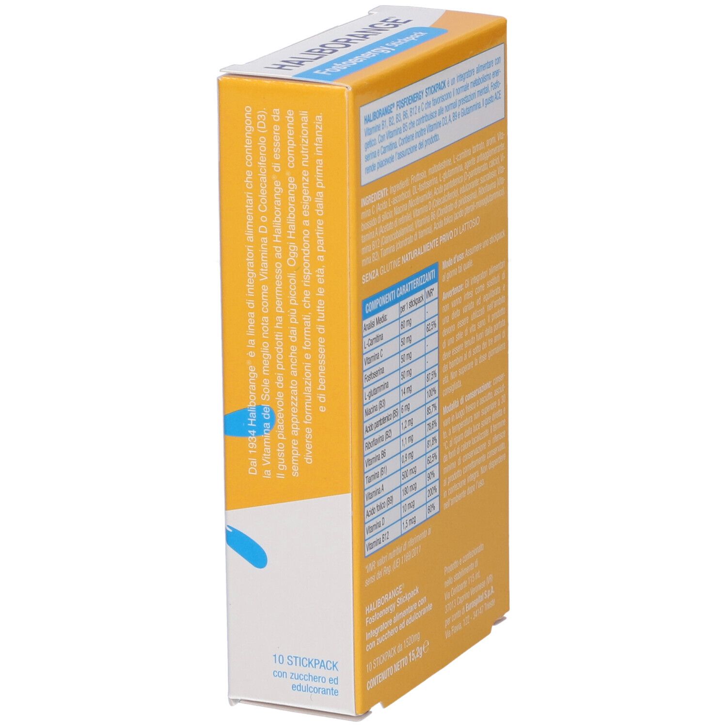 Vista laterale della scatola gialla. Tabella nutrizionale. Scritta: HALIBORANGE FOSFOENERGY STICKPACK.