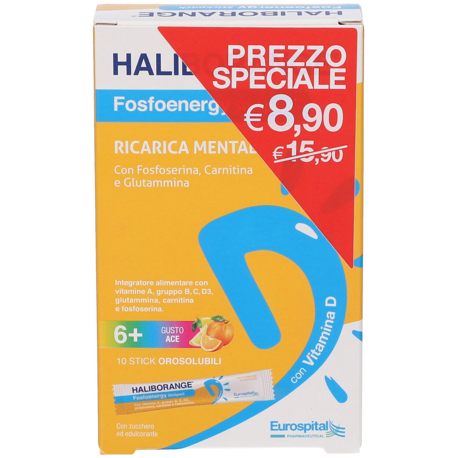 Scatola gialla con nome del prodotto e prezzo. Contiene 10 stick. Scritta: FOSFOENERGY, RICARICA MENTALE.