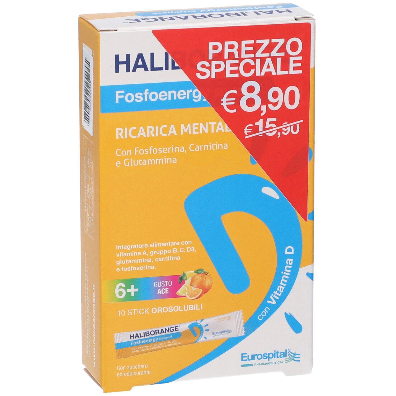 Scatola gialla con nome del prodotto e prezzo. Contiene 10 stick. Scritta: FOSFOENERGY, RICARICA MENTALE.