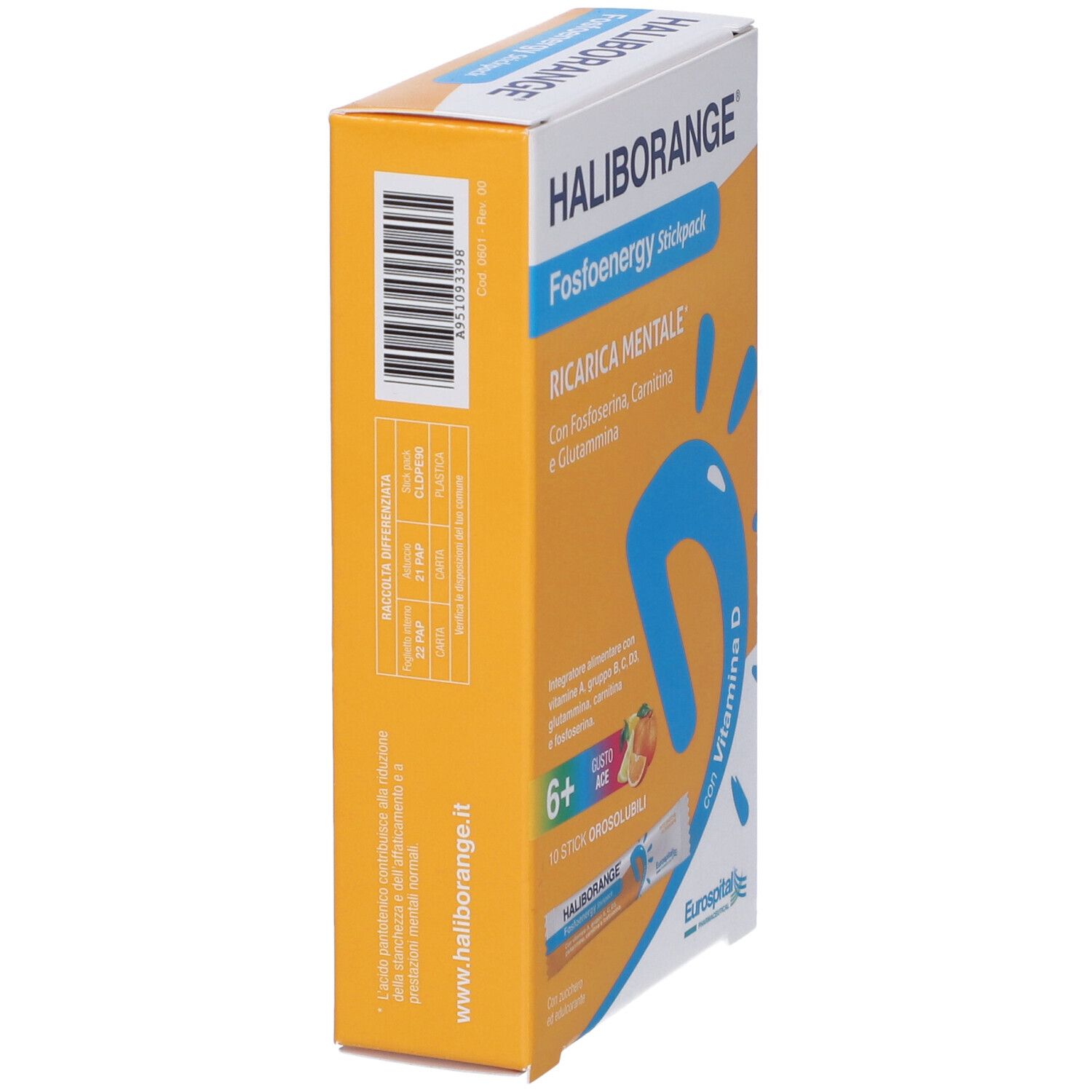Scatola arancione, vista laterale. Nome e testo del prodotto visibili. Con vitamina D. Contiene 10 stick.