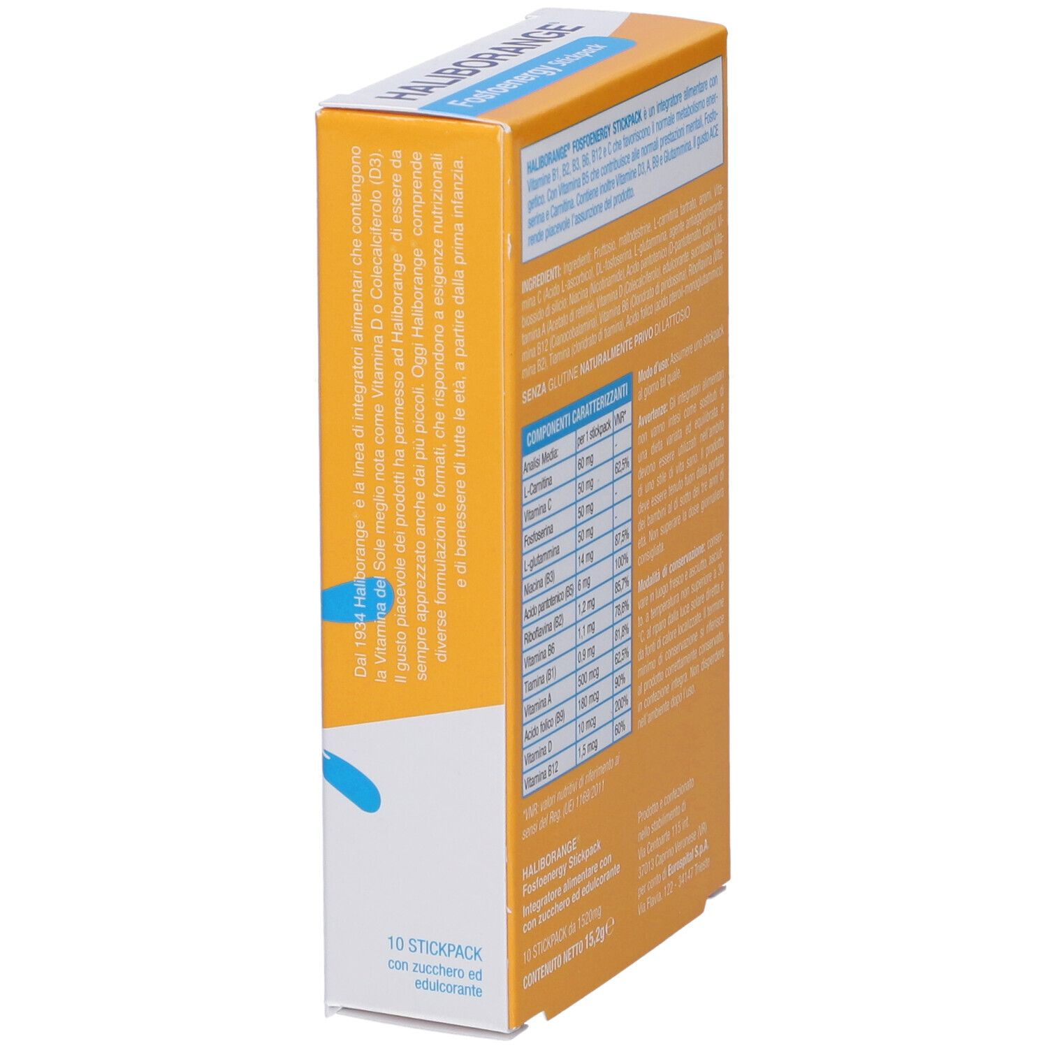 Scatola arancione, vista laterale. Testo con ingredienti e informazioni nutrizionali. Contiene 10 stick.
