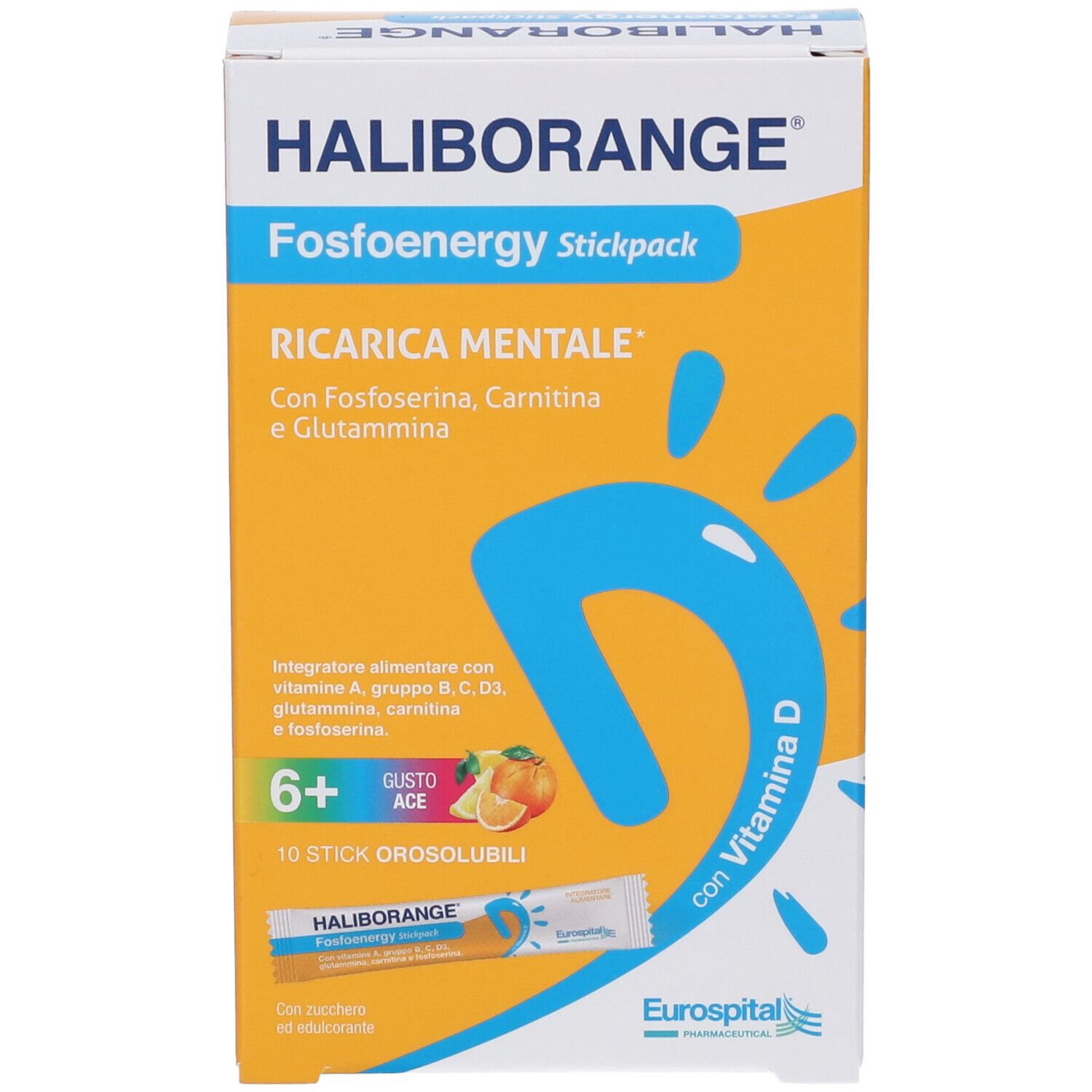 Scatola arancione con nome e testo del prodotto. Contiene 10 stick. Con vitamina D. Da 6 anni.