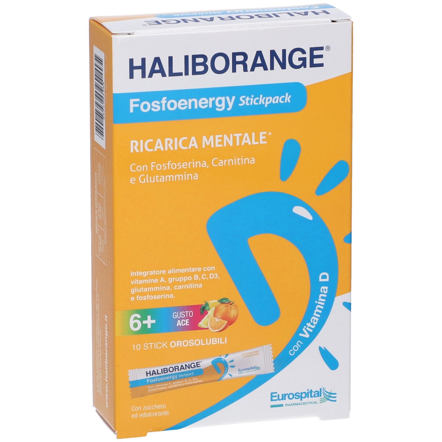 Scatola arancione con nome e testo del prodotto. Contiene 10 stick. Con vitamina D. Da 6 anni.