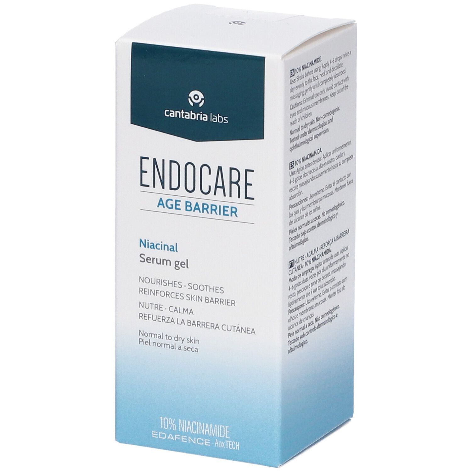 Confezione del prodotto. Scritta: Endocare Age Barrier Niacinal Serum gel. 10% Niacinamide. Pelle normale a secca.