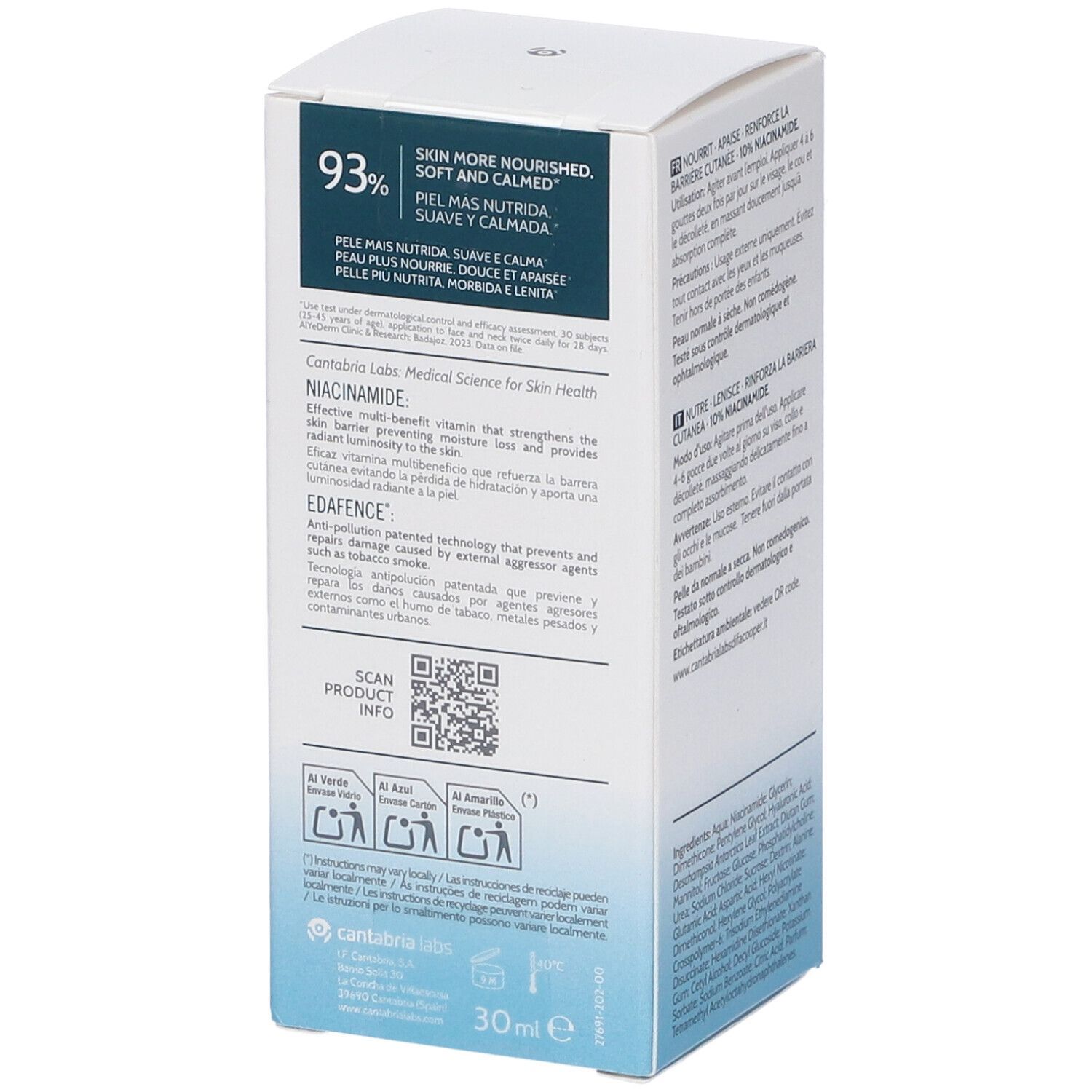 Confezione del prodotto. Scritta: 93% Pelle più nutrita, morbida e lenita. 30ml. Codice QR.