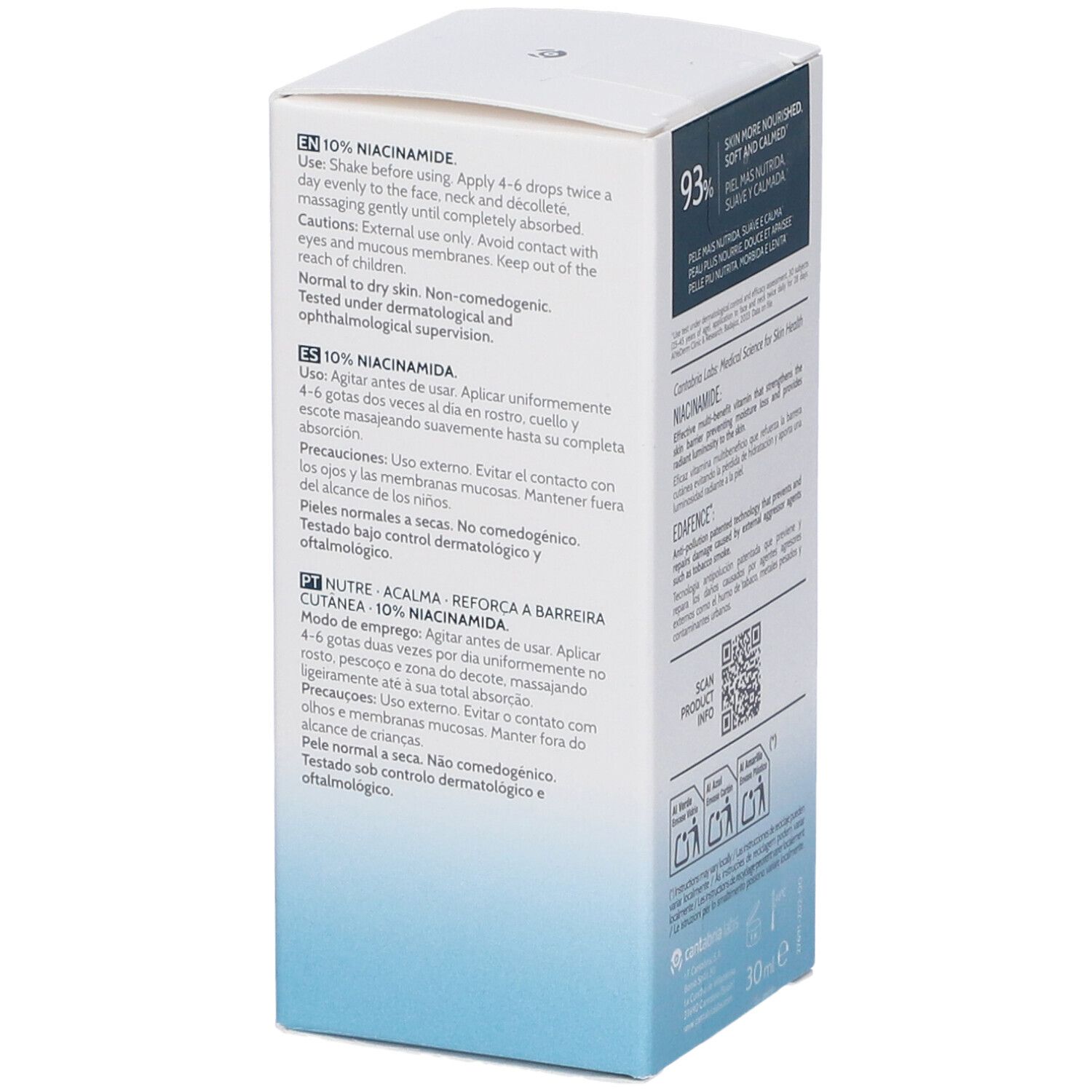Confezione del prodotto. Testo multilingue. Istruzioni per l'uso e precauzioni. 30ml.