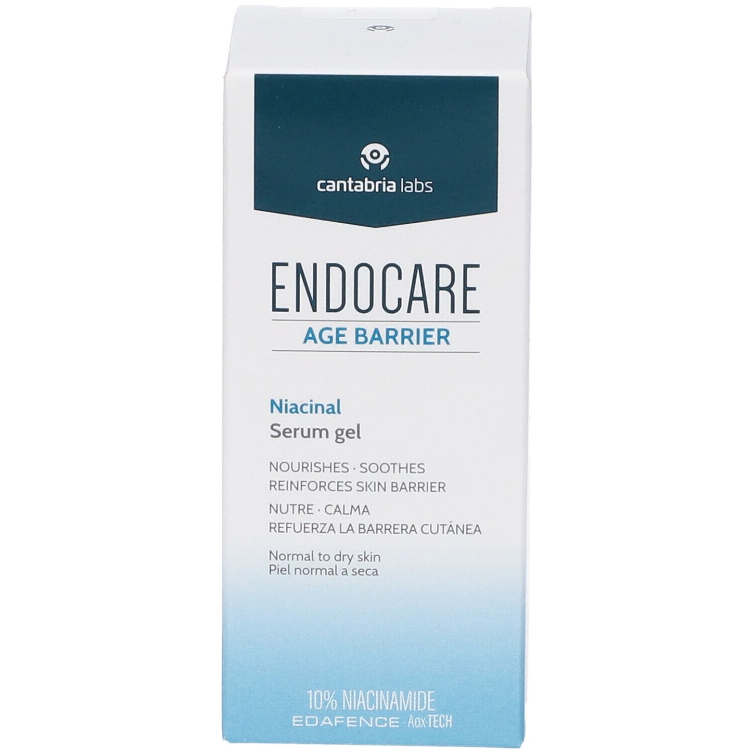 Confezione del prodotto. Scritta: Endocare Age Barrier Niacinal Serum gel. 10% Niacinamide. Pelle normale a secca.