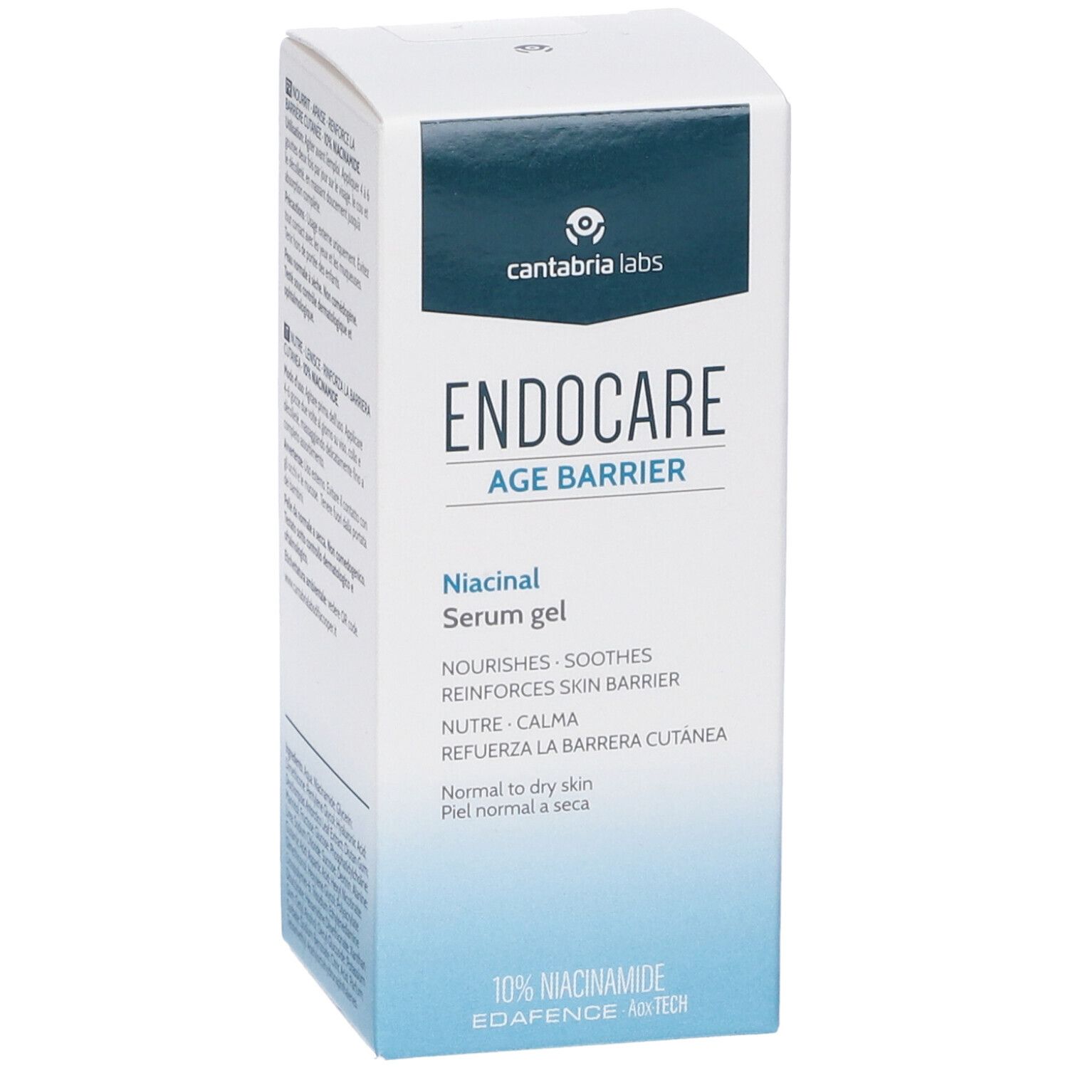 Confezione del prodotto. Scritta: Endocare Age Barrier Niacinal Serum gel. 10% Niacinamide. Pelle normale a secca.