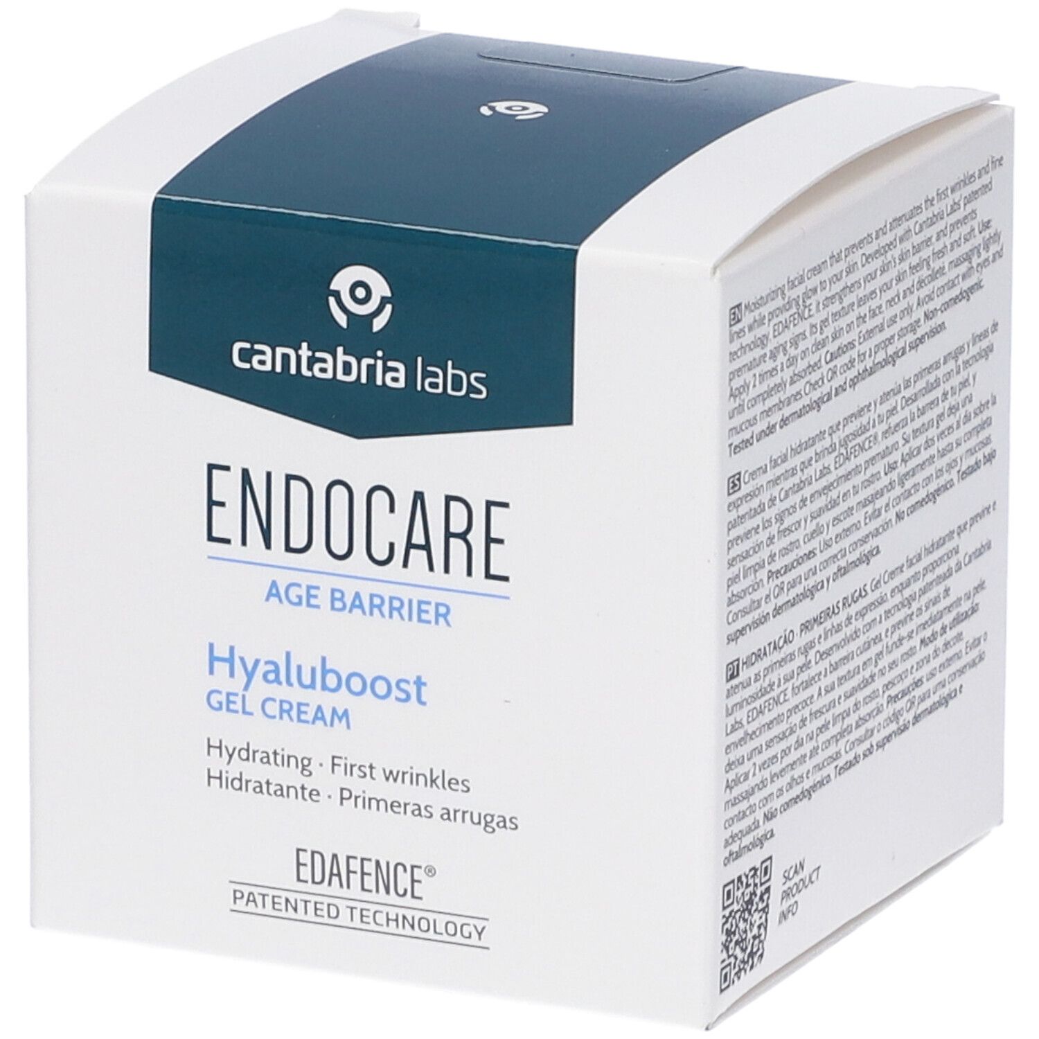 Confezione bianca con fascia blu. Scritta: Endocare Age Barrier Hyaluboost Gel Cream.