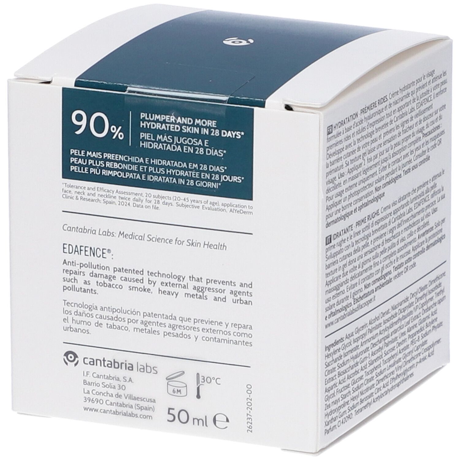 Confezione con testo. 90% di pelle più idratata in 28 giorni. 50 ml.