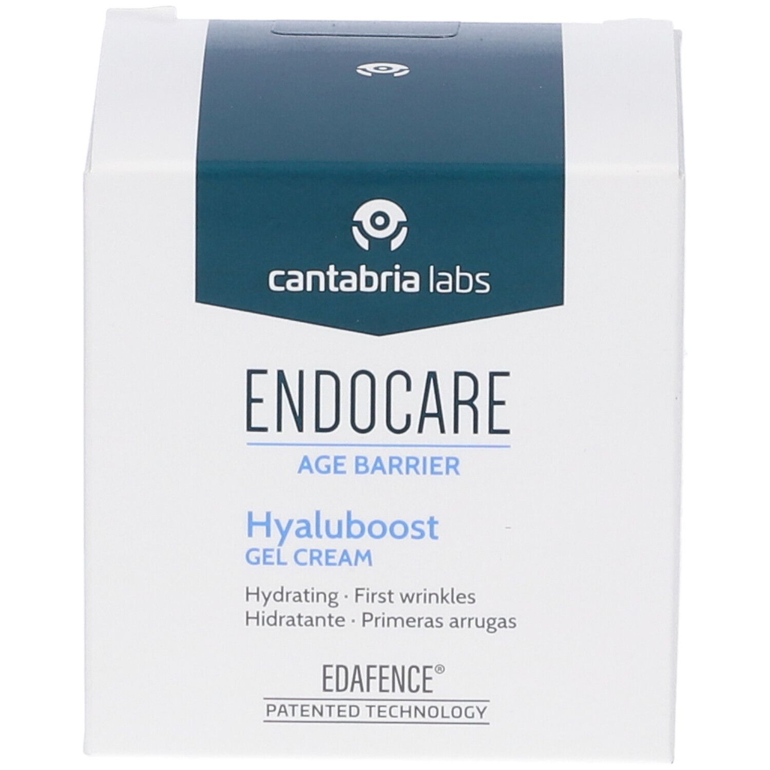 Confezione bianca con fascia blu. Scritta: Endocare Age Barrier Hyaluboost Gel Cream.