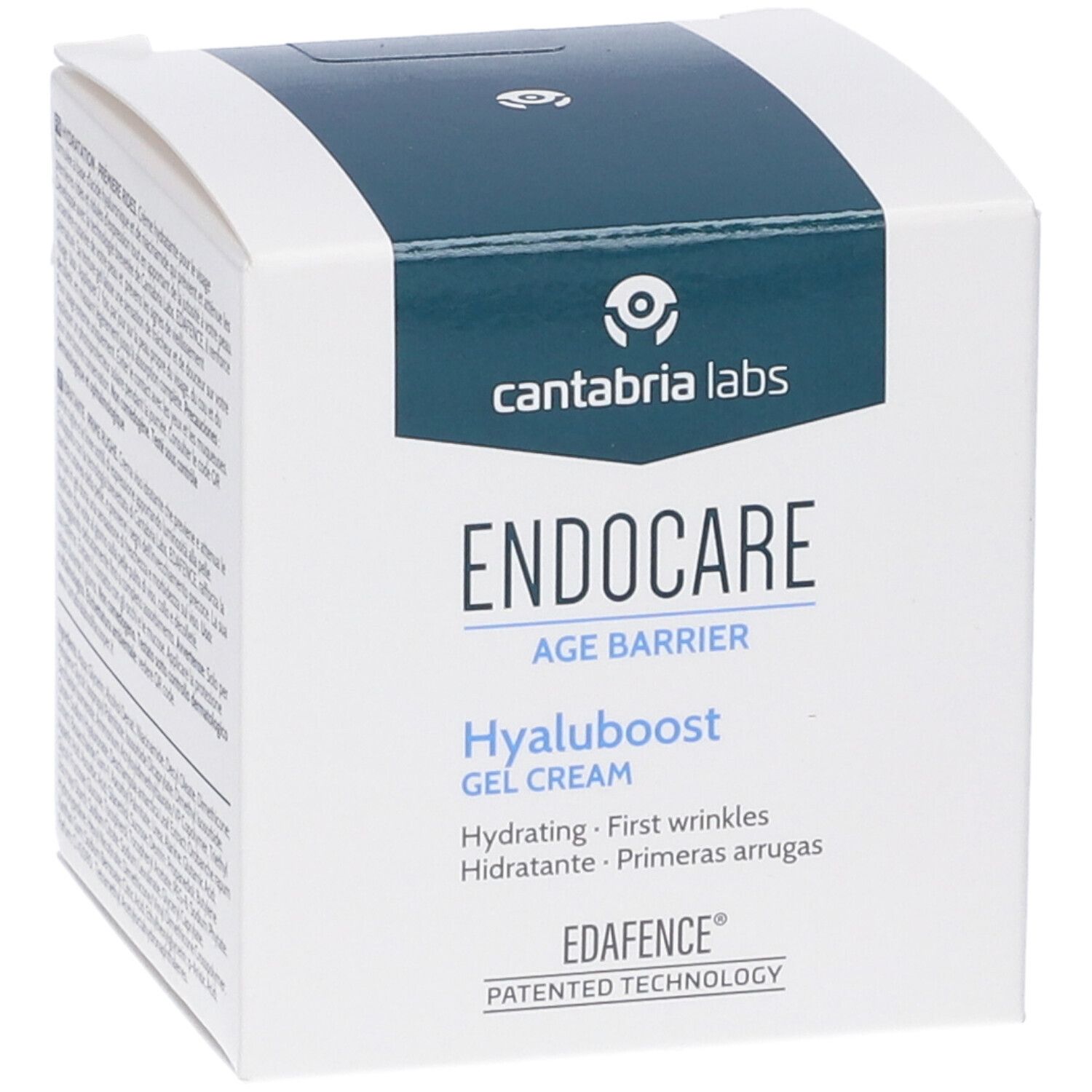 Confezione bianca con fascia blu. Scritta: Endocare Age Barrier Hyaluboost Gel Cream.