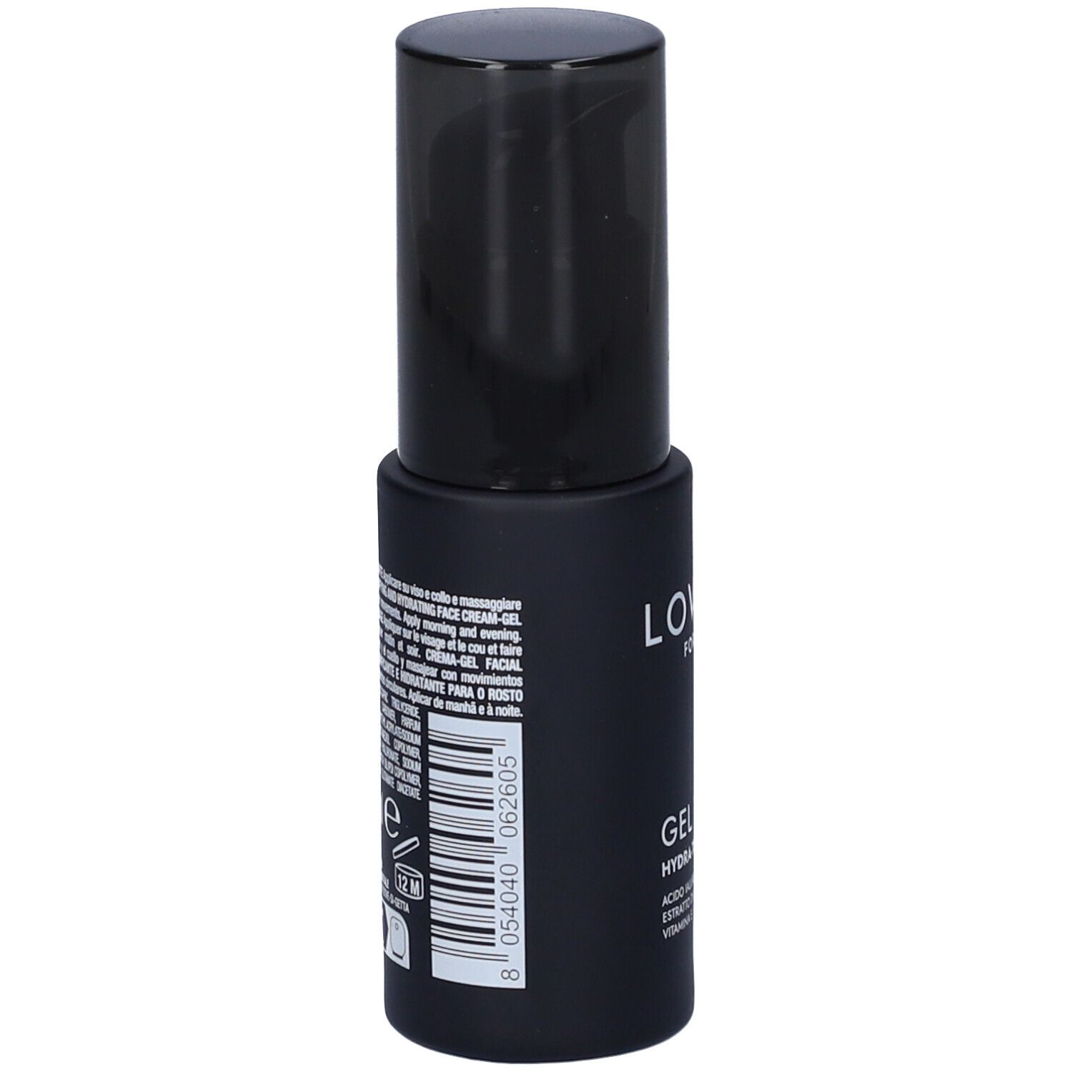 Flacone nero con tappo nero. Scritta: LOVRÉN FOR MEN. Codice a barre e testo sul retro.