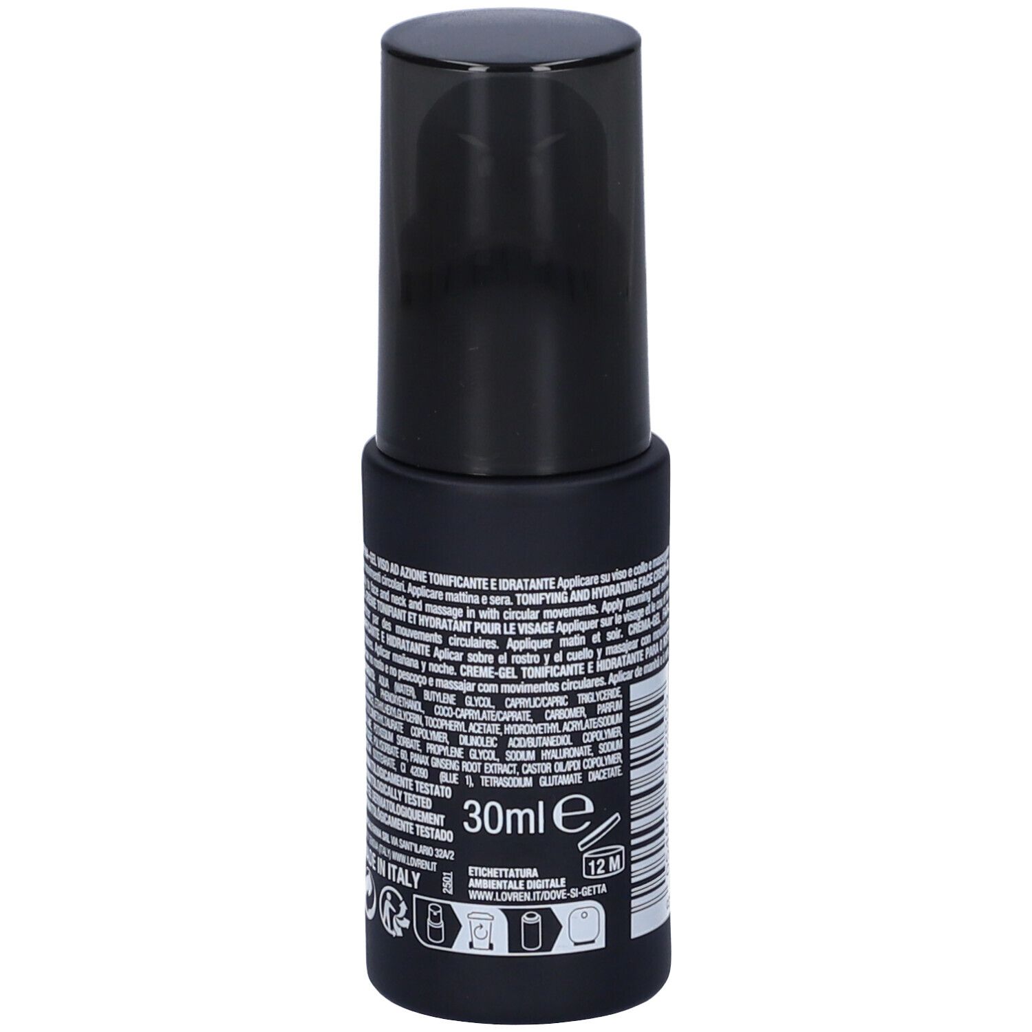 Flacone nero con tappo nero. Scritta: LOVRÉN FOR MEN. Testo e indicazione 30ml sul retro.