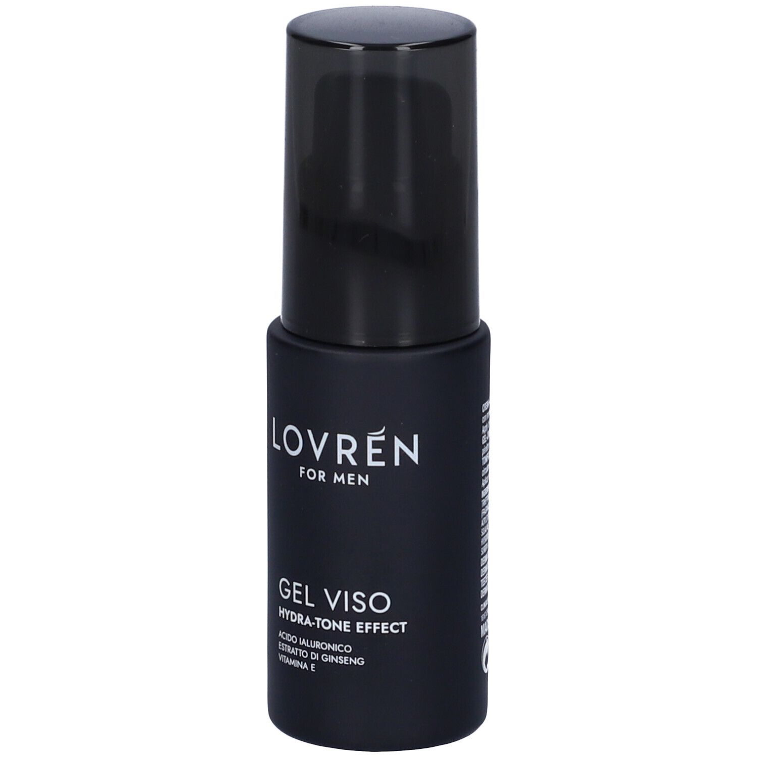 Flacone nero con tappo nero. Scritta: LOVRÉN FOR MEN, GEL VISO, HYDRA-TONE EFFECT. Ingredienti.