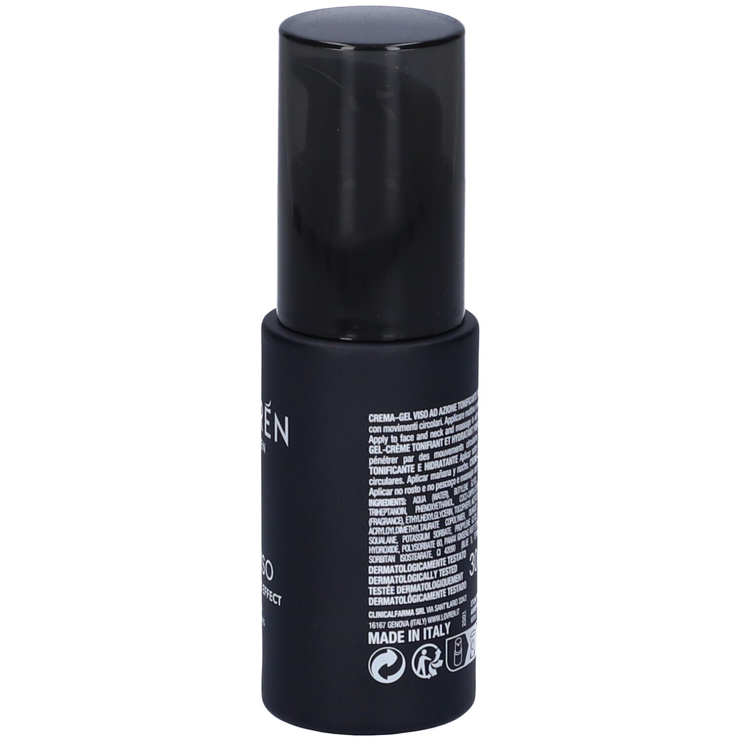 Flacone nero con tappo nero. Scritta: LOVRÉN FOR MEN. Testo e indicazione 30ml sul retro.
