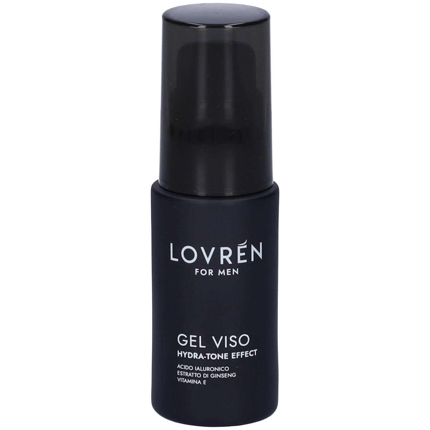 Flacone nero con tappo nero. Scritta: LOVRÉN FOR MEN, GEL VISO, HYDRA-TONE EFFECT. Ingredienti.