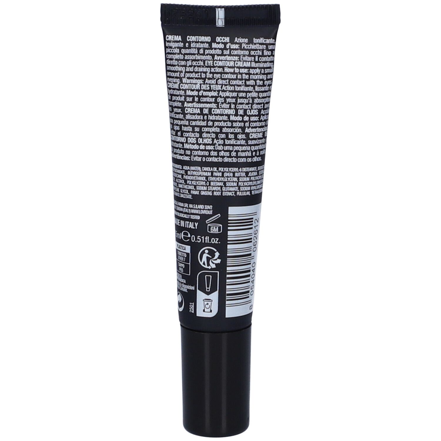 Retro del tubo nero. Contiene testo e codice a barre. Tappo nero. Prodotto in Italia. 0.5 fl.oz.