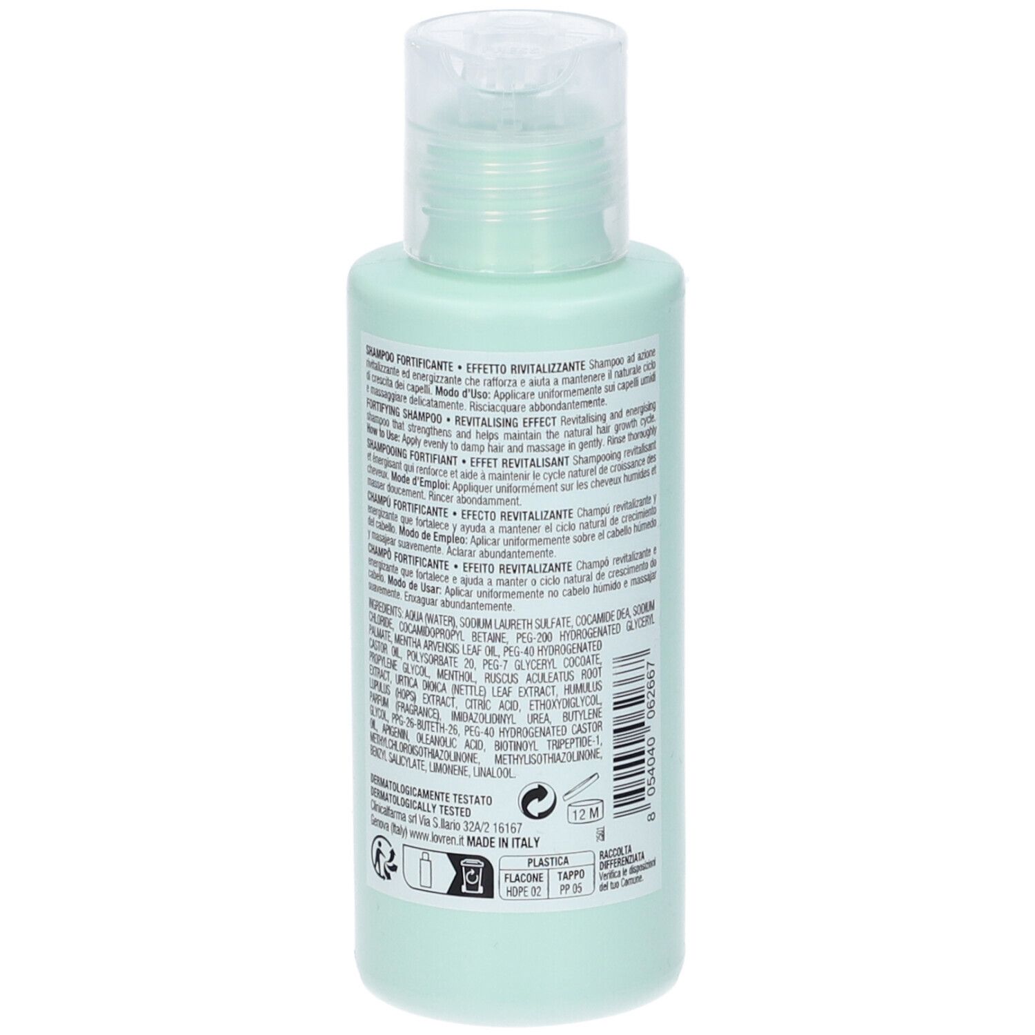 Flacone di shampoo verde chiaro, retro. Etichetta bianca con testo. Tappo trasparente.