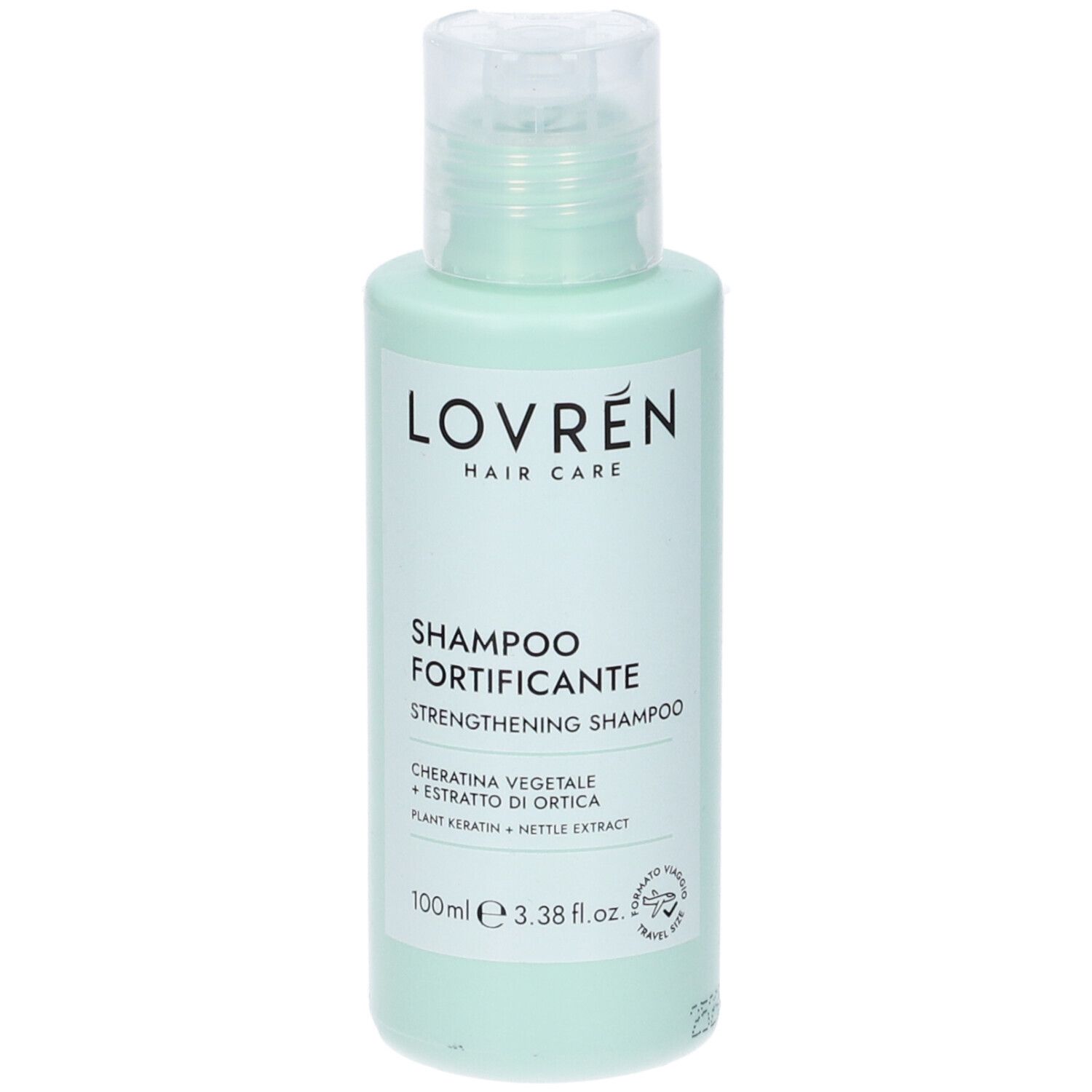 Flacone di shampoo verde chiaro con etichetta bianca. Scritta: Lovrén, Shampoo Fortificante, 100ml.