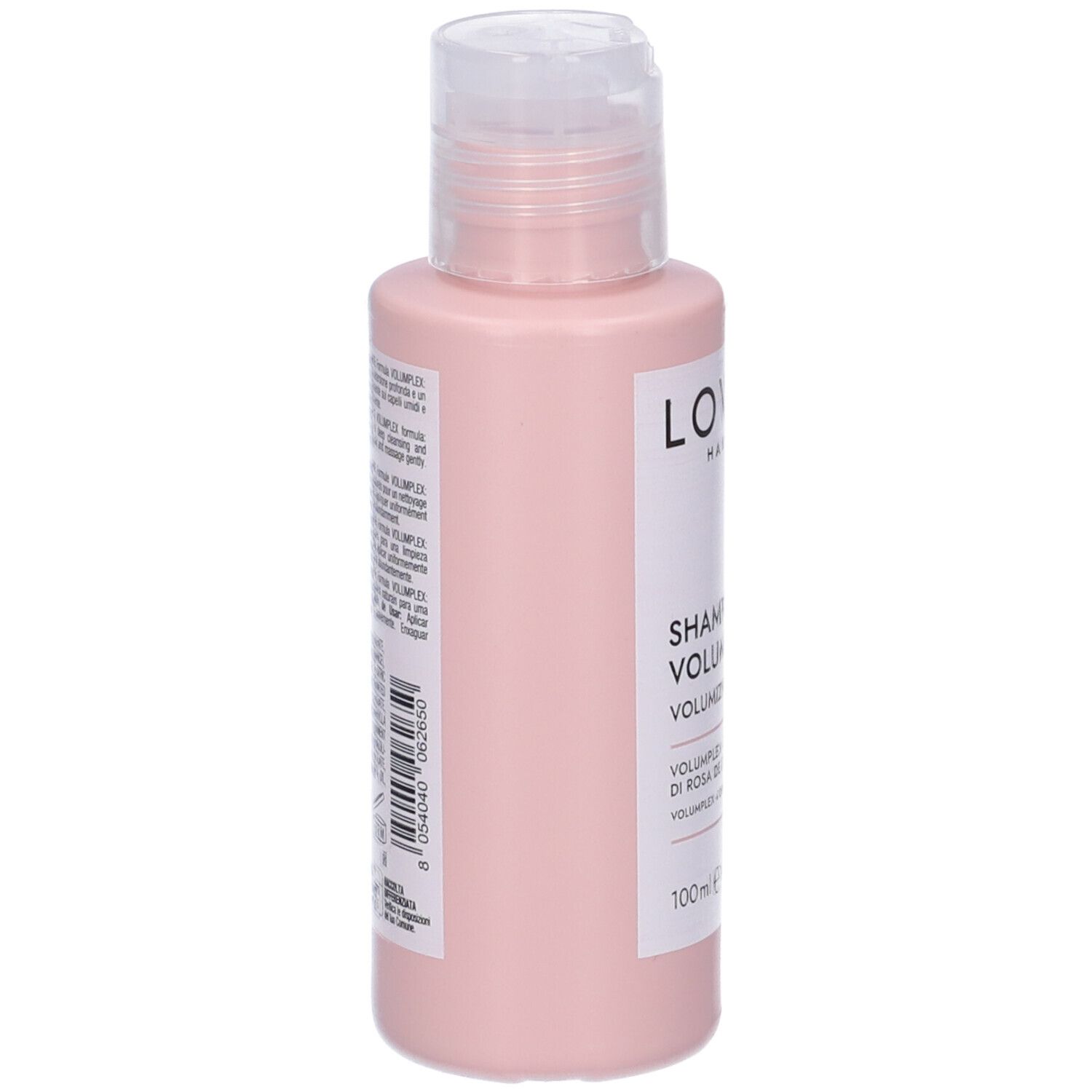 Flacone di shampoo rosa, vista laterale. Etichetta bianca con testo e codice a barre. Chiusura trasparente. 100ml.