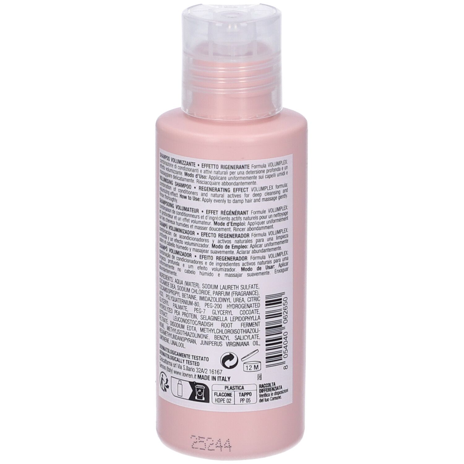 Retro del flacone di shampoo rosa. Etichetta bianca con testo. Chiusura trasparente. 100ml. Simbolo di riciclo della plastica.