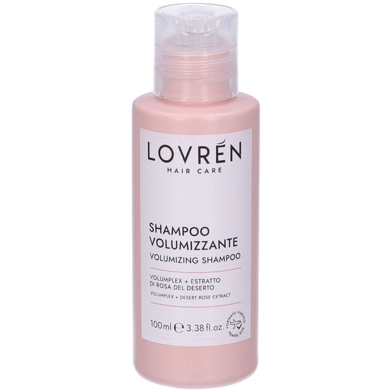 Flacone di shampoo rosa con etichetta bianca. Scritta: Lovrén Hair Care, Shampoo Volumizzante, Volumizing Shampoo. 100ml.