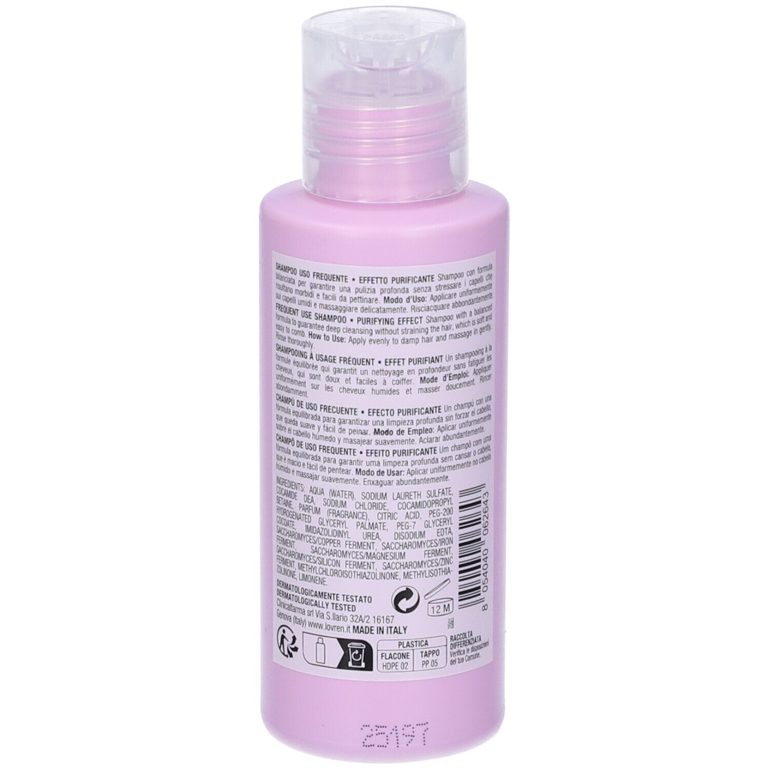 Flacone di shampoo rosa, retro. Etichetta bianca con testo. Chiusura trasparente.