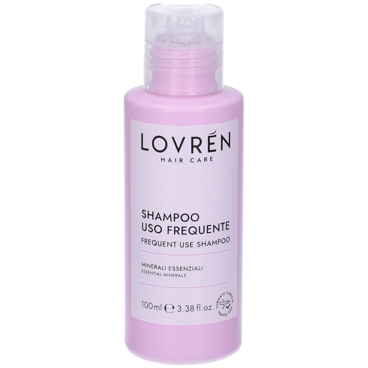 Flacone di shampoo rosa con etichetta bianca. Scritta: Lovrén, Shampoo Uso Frequente. 100ml.