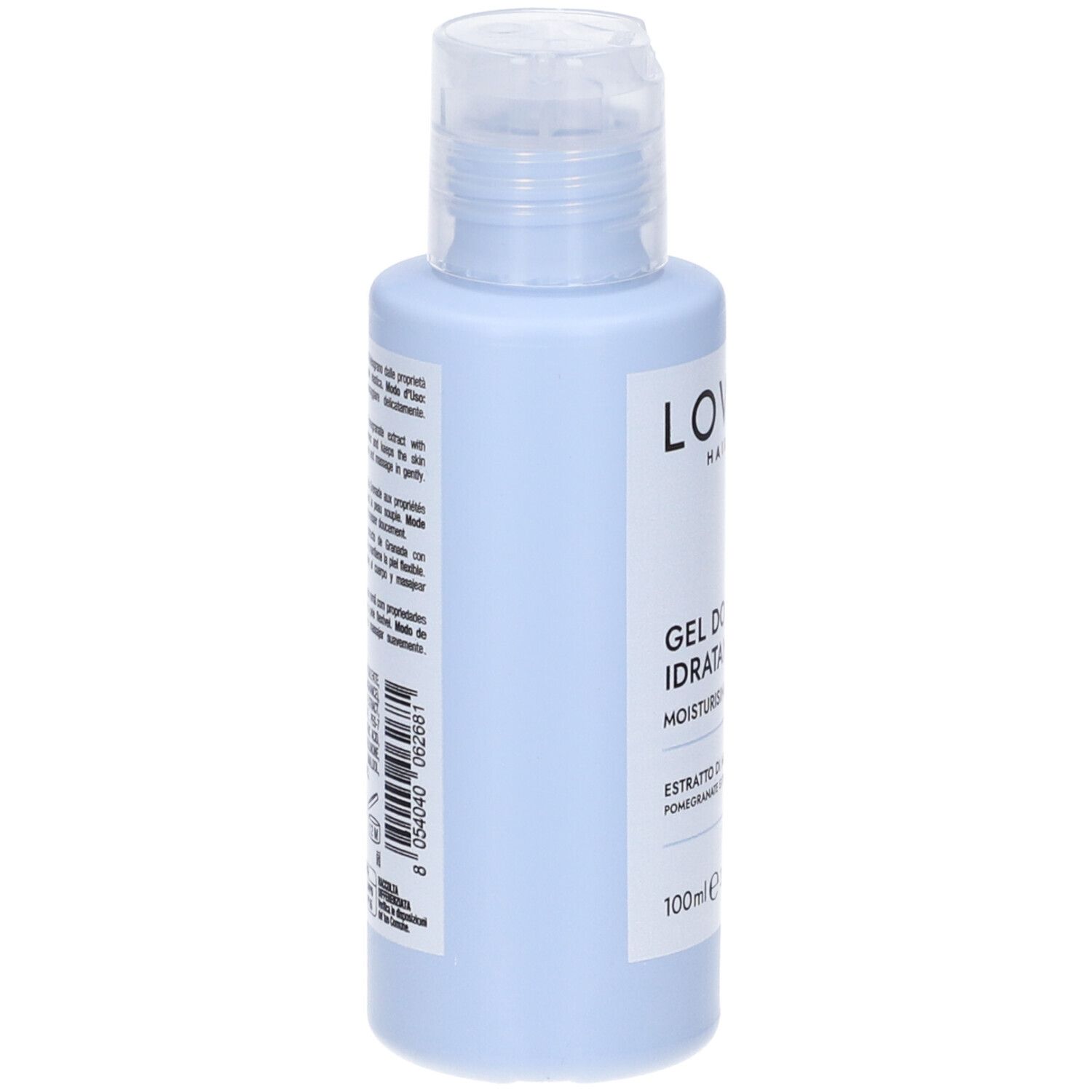 Flacone azzurro con tappo trasparente. Scritte e codice a barre sul lato.