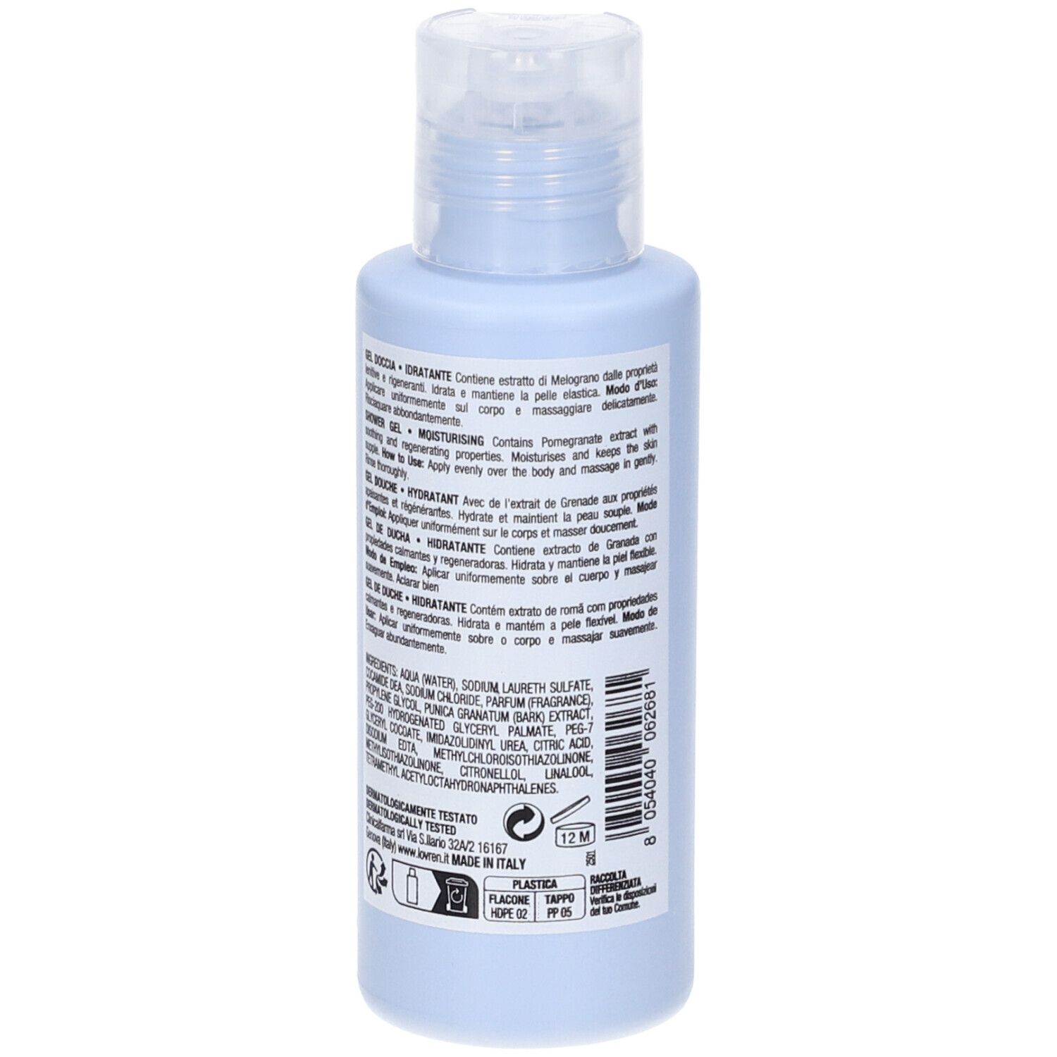 Flacone azzurro con tappo trasparente. Retro con testo multilingue.